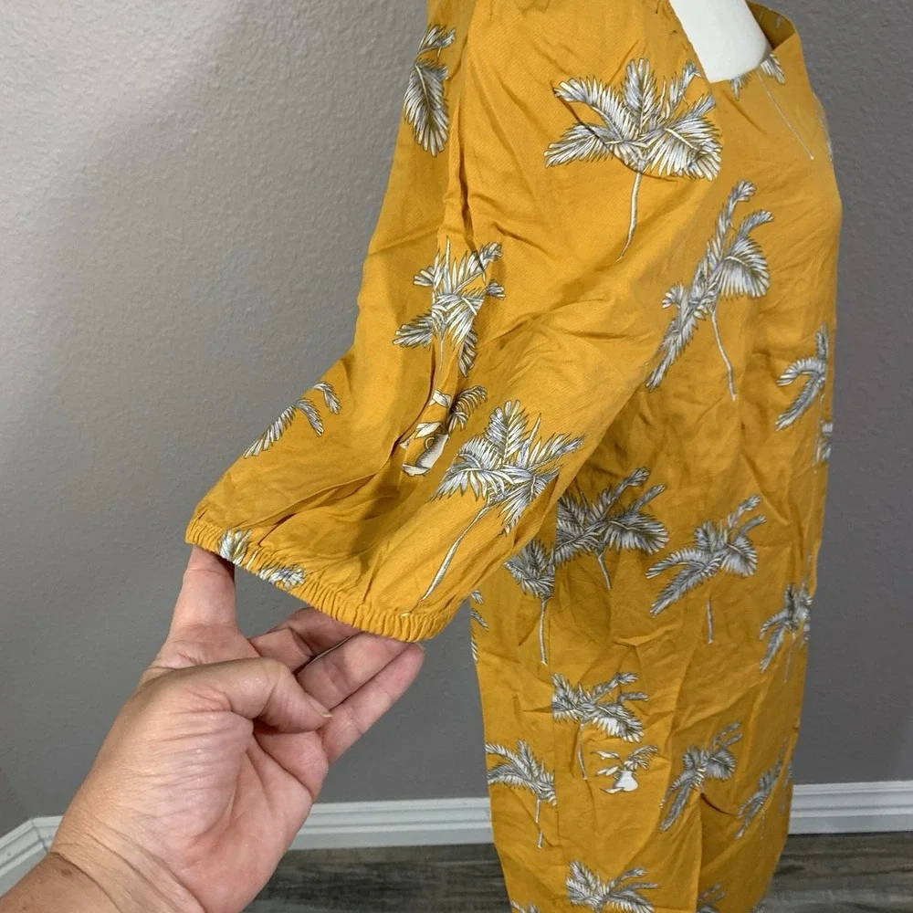 Ann Taylor Mustard Yellow Palm Tree‎ Puff Sleeve Square Neck Lined Dress Small
